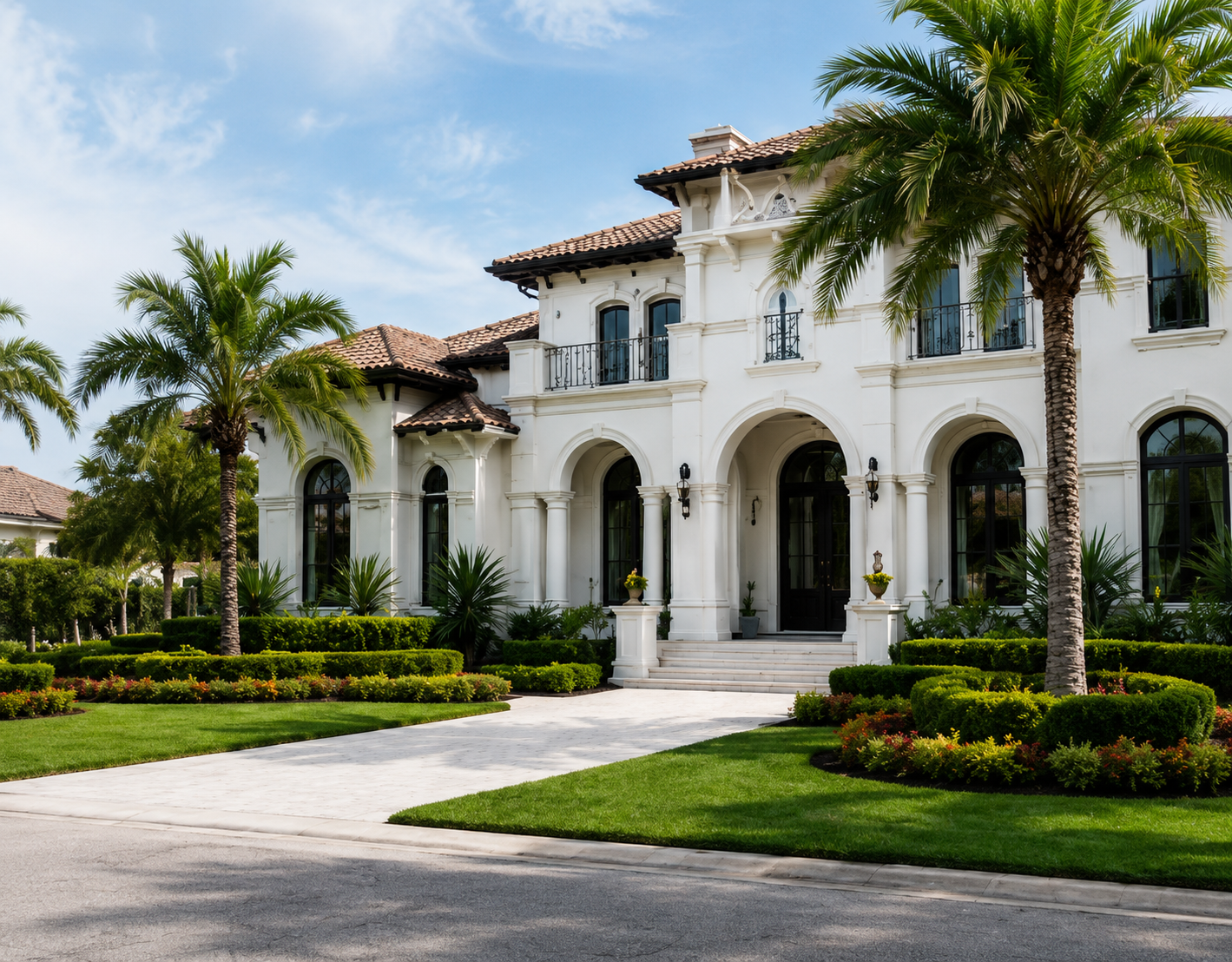 A bright, welcoming Mediterranean estate at golden hour with lush manicured grounds